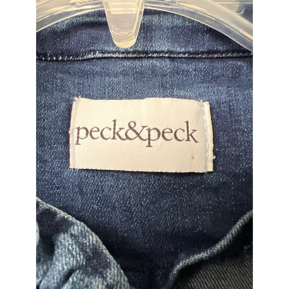 Peck & Peck Denim Jacket Womens Large Blue Ruffle Military Gold Button Stretch - Picture 2 of 9